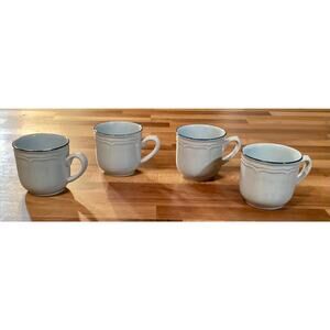 Set of 4 Inter-National Stoneware Ceramic Coffee Cups Beige Blue Rim Japan